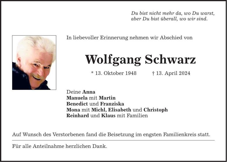 Traueranzeige Wolfgang Schwarz