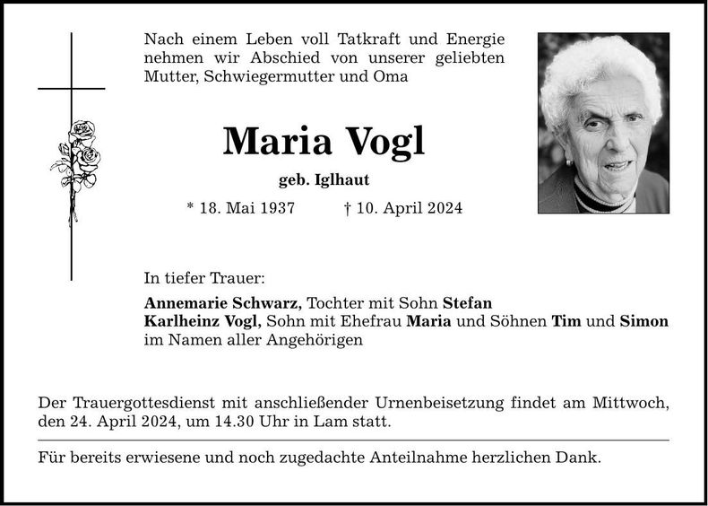 Traueranzeige Maria Vogl
