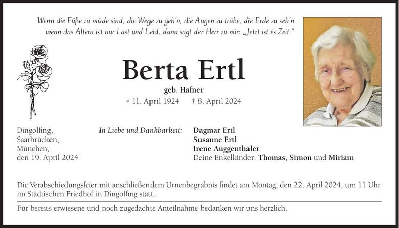 Traueranzeige Berta Ertl