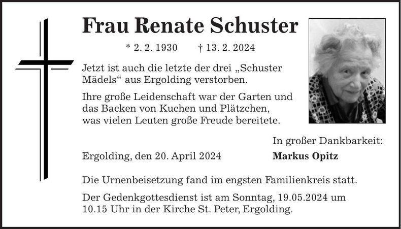 Traueranzeige Renate Schuster
