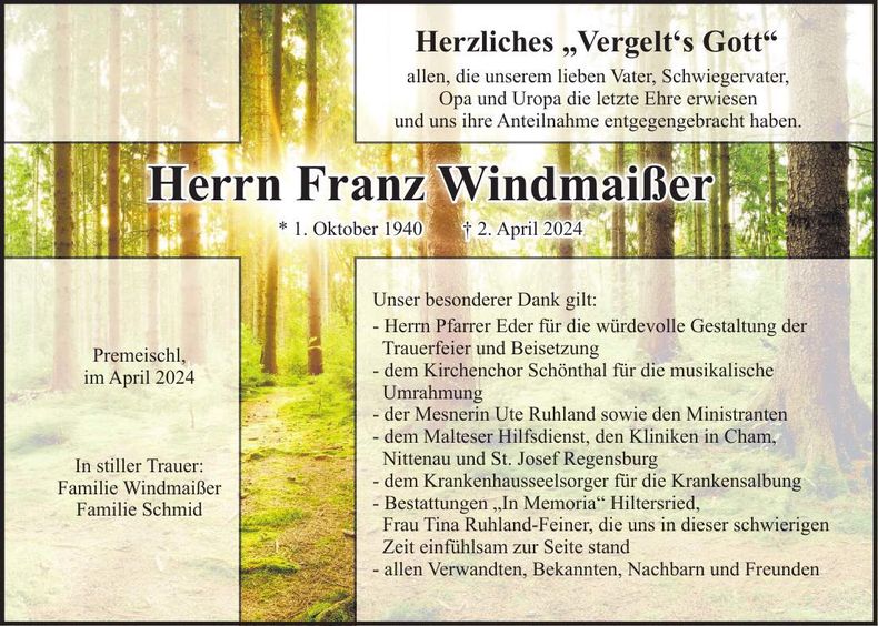 Traueranzeige Franz Windmaißer