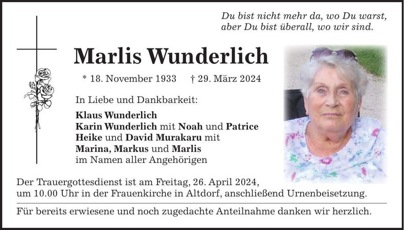 Traueranzeige Marlis Wunderlich