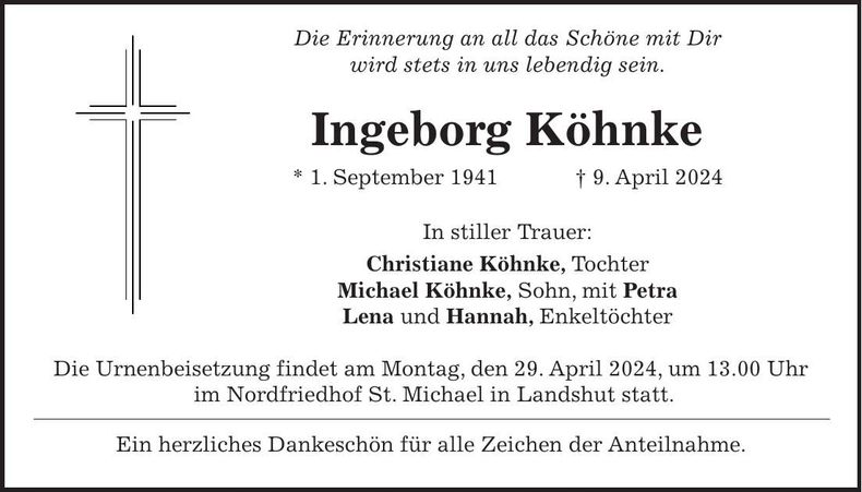 Traueranzeige Ingeborg Köhnke