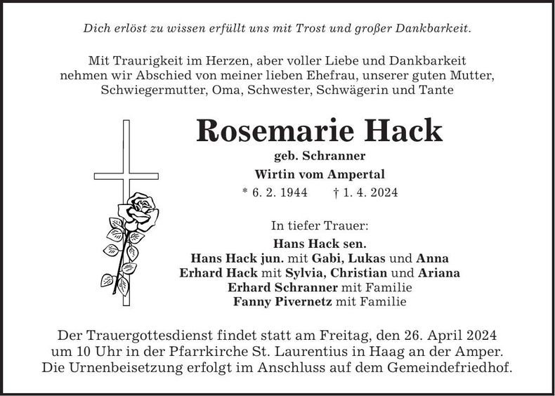 Traueranzeige Rosemarie Hack