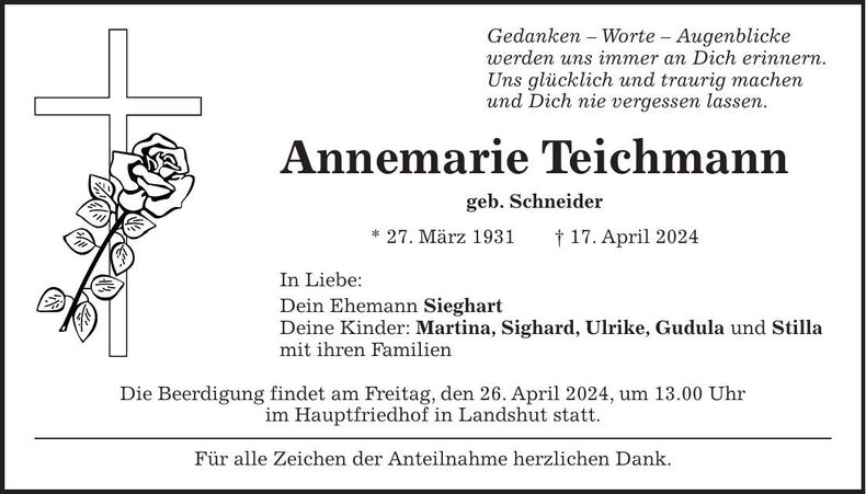 Traueranzeige Annemarie Teichmann