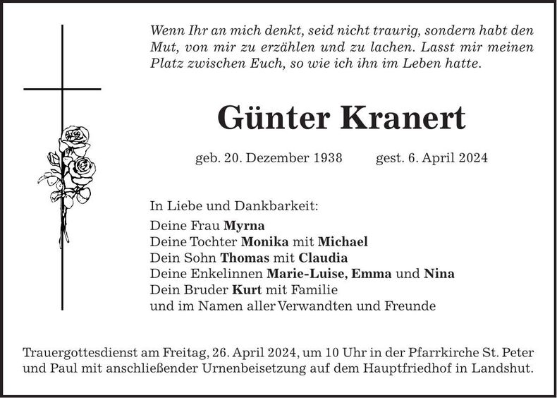Traueranzeige Günter Kranert