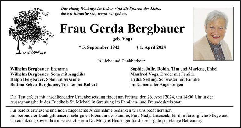 Traueranzeige Gerda Bergbauer