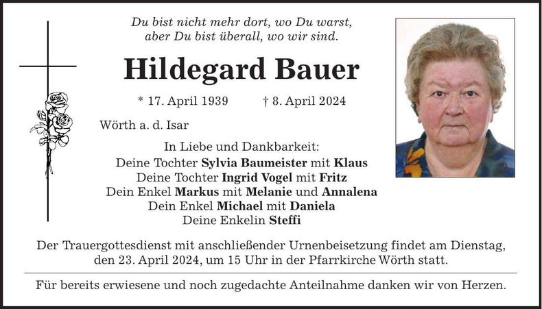 Traueranzeige Hildegard Bauer
