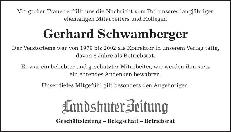 Traueranzeige Gerhard Schwamberger