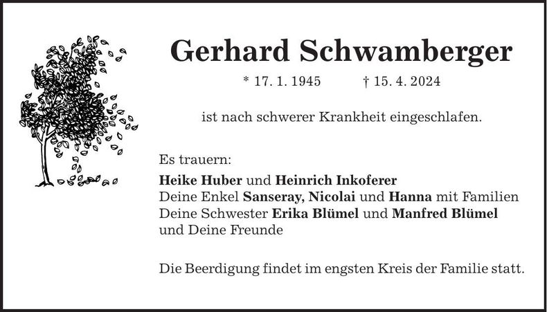 Traueranzeige Gerhard Schwamberger