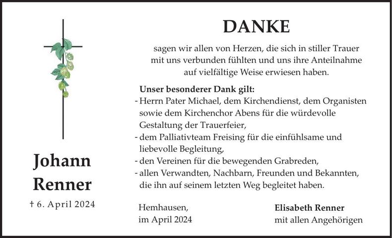 Traueranzeige Johann Renner