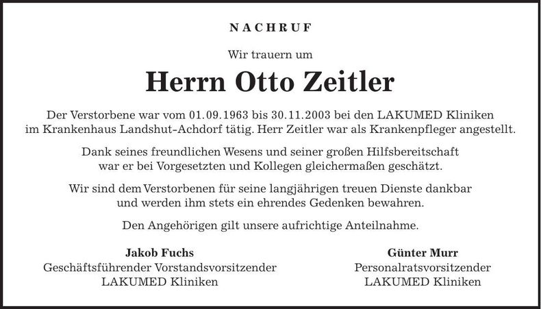 Traueranzeige Otto Zeitler