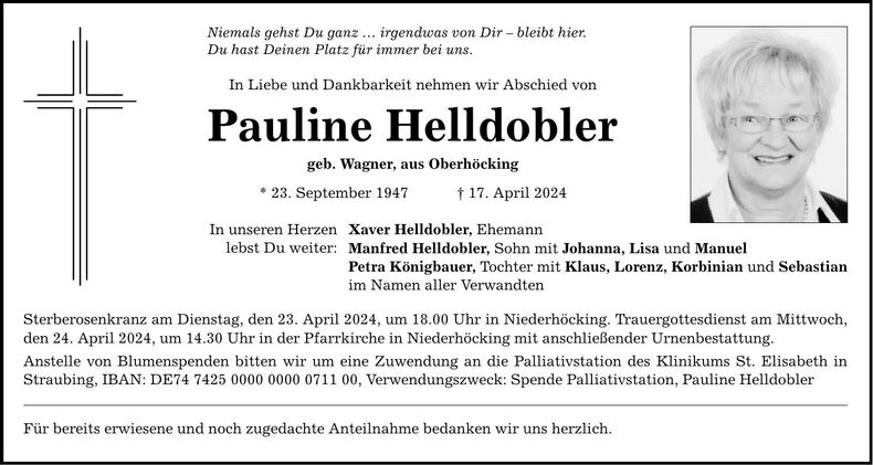Traueranzeige Pauline Helldobler