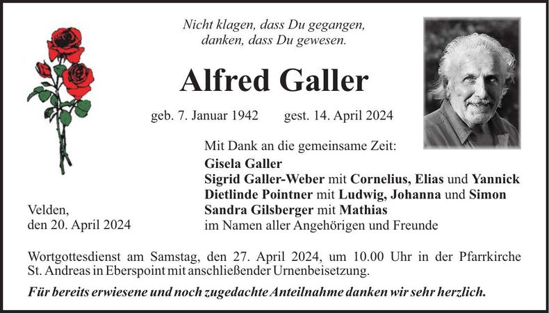 Traueranzeige Alfred Galler