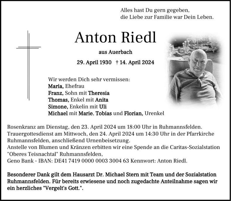 Traueranzeige Anton Riedl