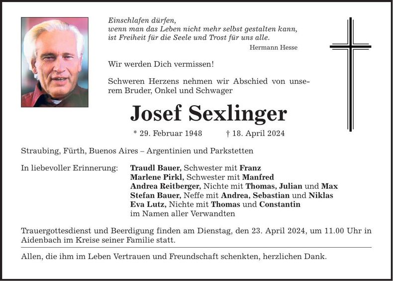 Traueranzeige Josef Sexlinger