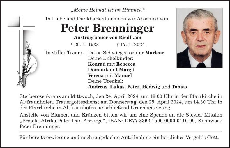 Traueranzeige Peter Brenninger