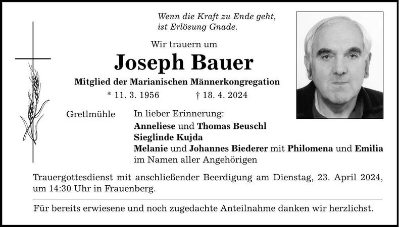 Traueranzeige Joseph Bauer