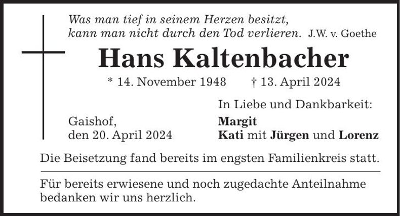 Traueranzeige Hans Kaltenbacher