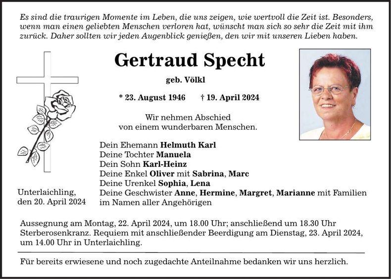 Traueranzeige Gertraud Specht