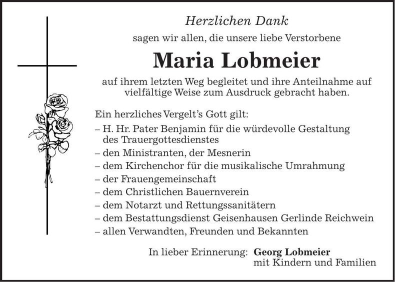 Traueranzeige Maria Lobmeier