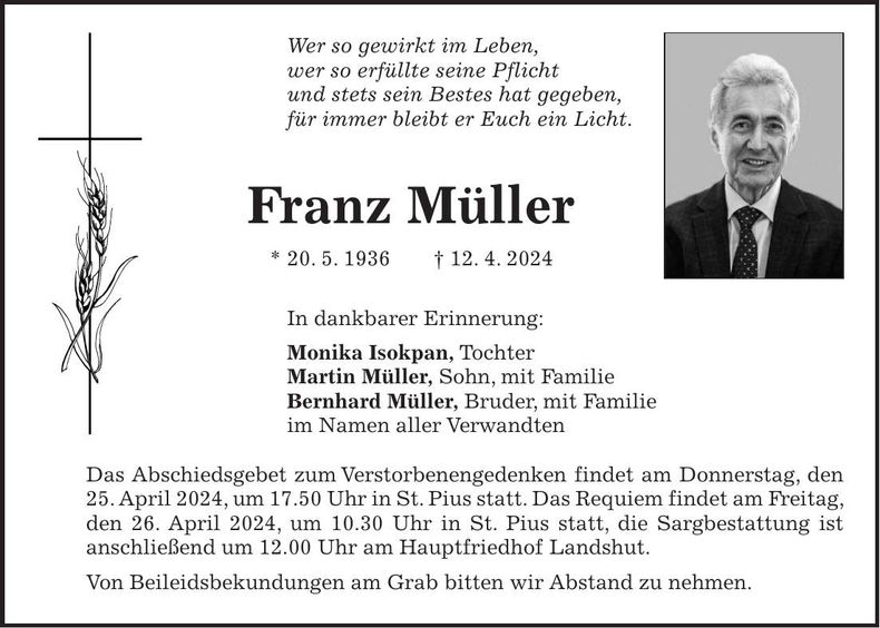 Traueranzeige Franz Müller