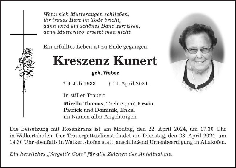 Traueranzeige Kreszenz Kunert