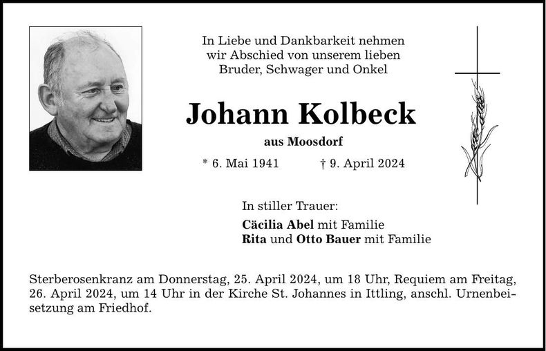 Traueranzeige Johann Kolbeck