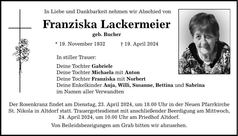 Traueranzeige Franziska Lackermeier