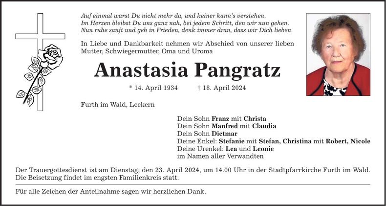 Traueranzeige Anastasia Pangratz