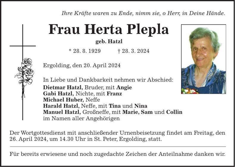 Traueranzeige Herta Plepla