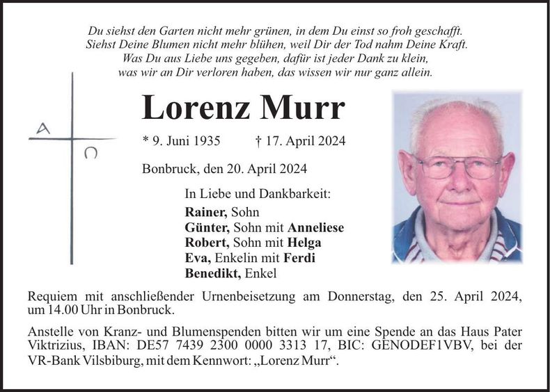 Traueranzeige Lorenz Murr
