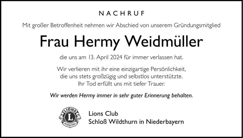 Traueranzeige Hermy Weidmüller