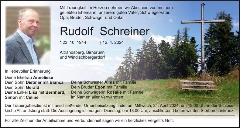 Traueranzeige Rudolf Schreiner