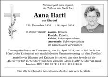 Traueranzeige Anna Hartl