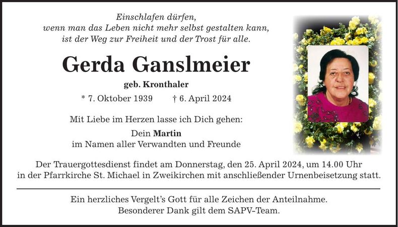 Traueranzeige Gerda Ganslmeier