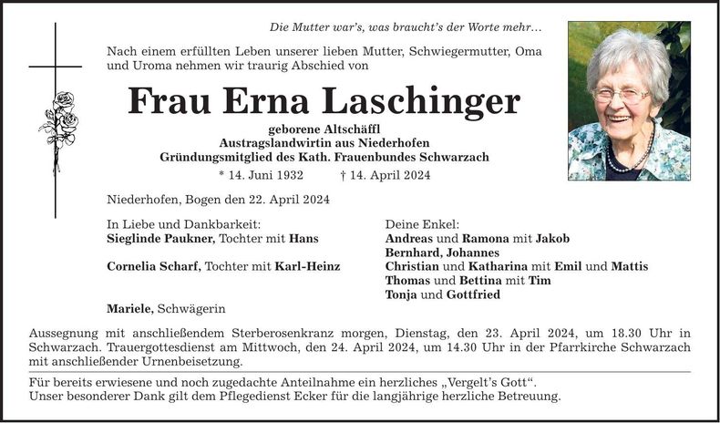 Traueranzeige Erna Laschinger