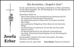 Traueranzeige Josefa Erber