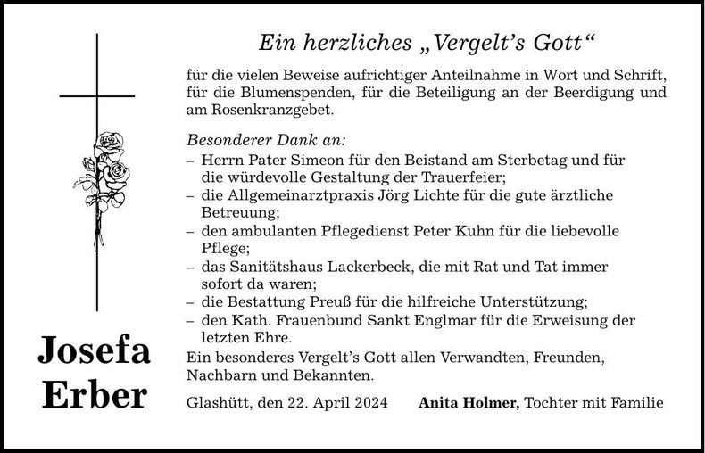 Traueranzeige Josefa Erber