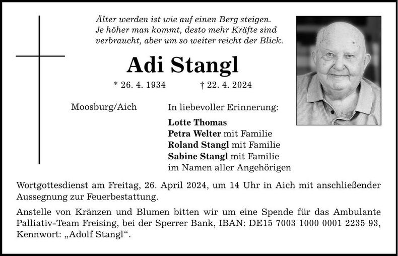 Traueranzeige Adi Stangl