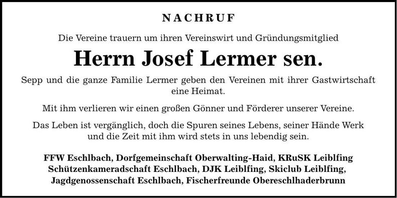 Traueranzeige Josef sen. Lermer