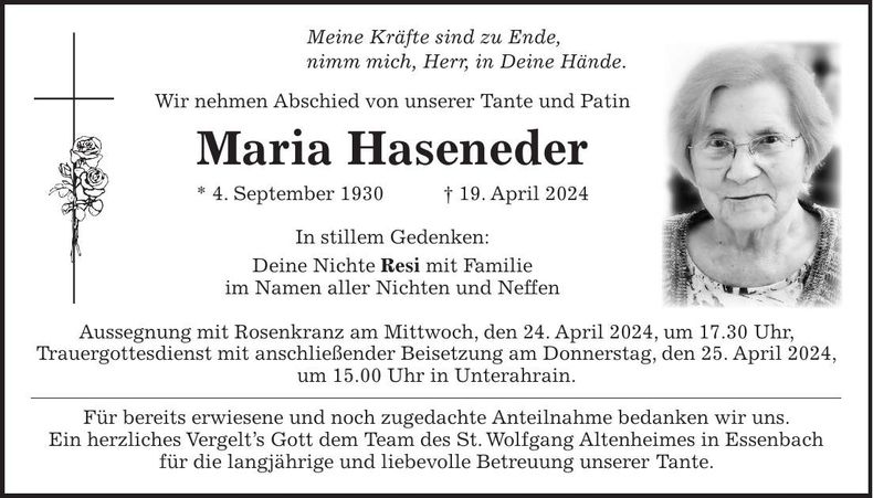 Traueranzeige Maria Haseneder