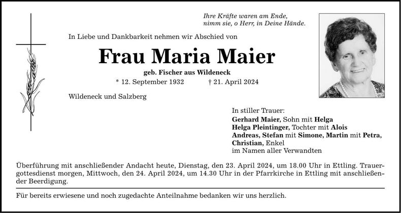 Traueranzeige Maria Maier