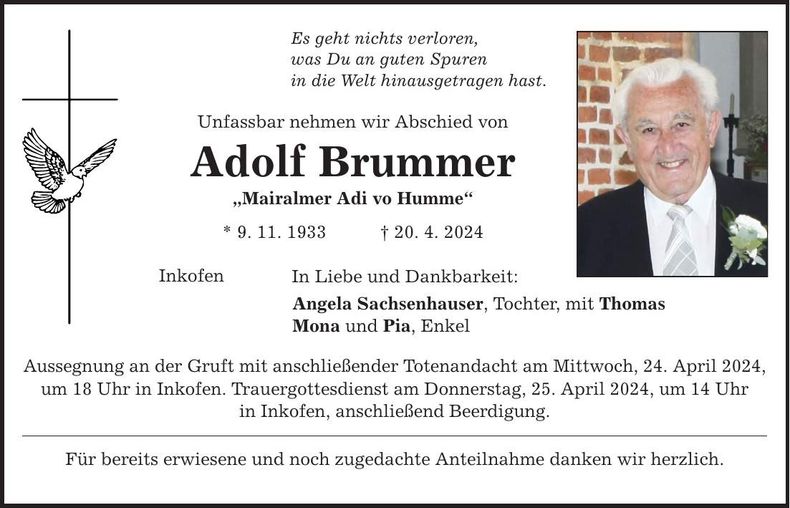 Traueranzeige Adolf Brummer