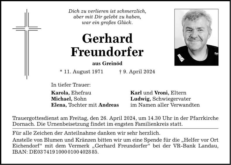Traueranzeige Gerhard Freundorfer