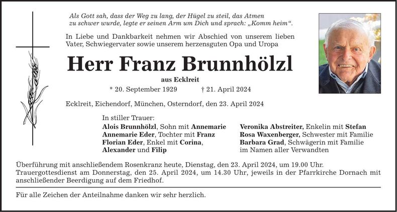 Traueranzeige Franz Brunnhölzl