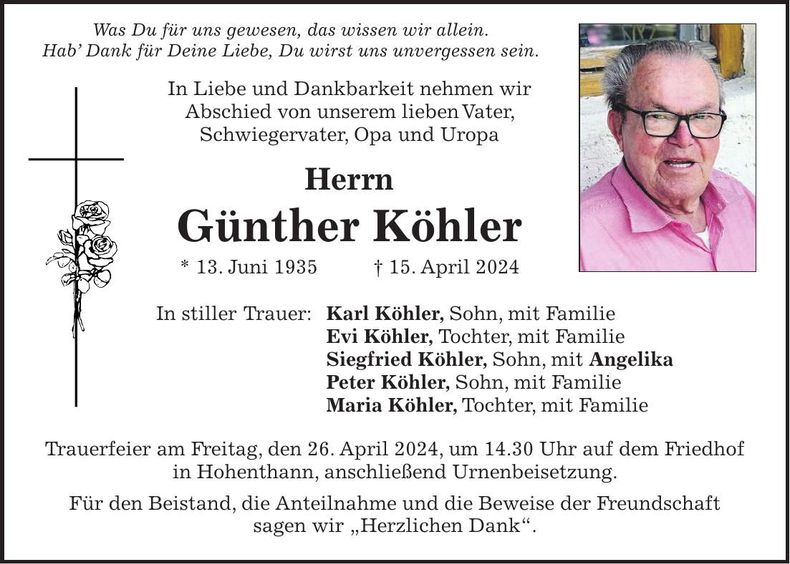 Traueranzeige Günther Köhler