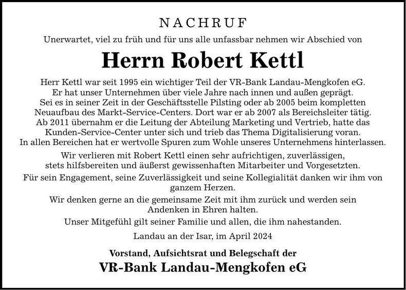 Traueranzeige Robert Kettl