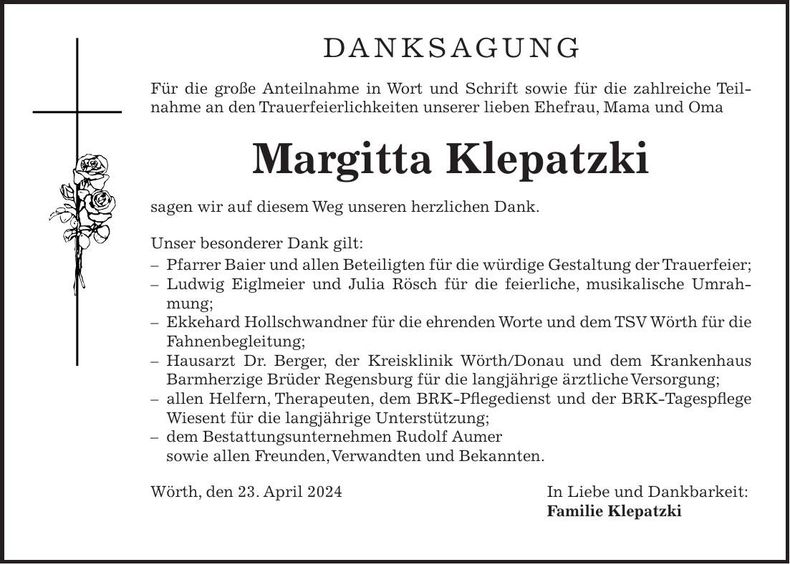 Traueranzeige Margitta Klepatzki