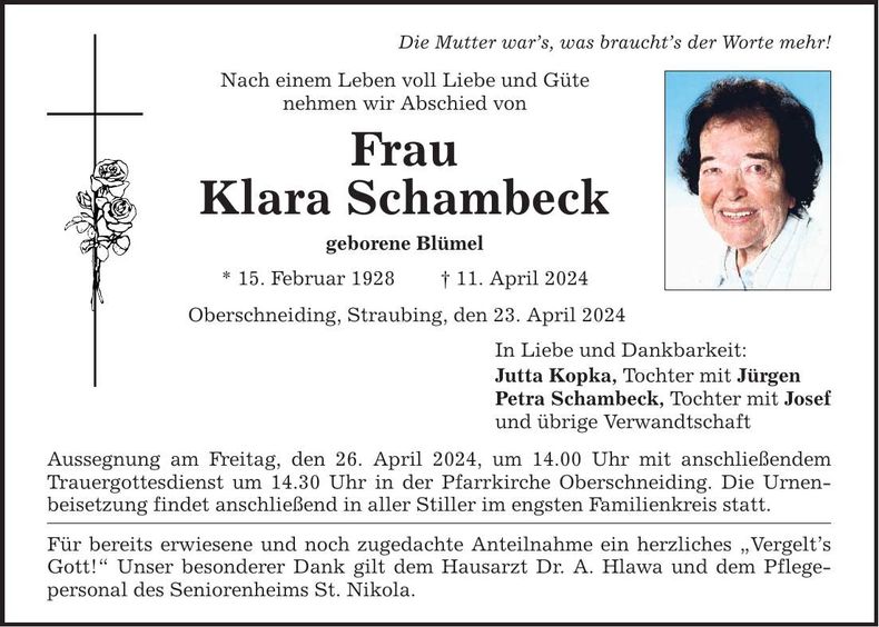 Traueranzeige Klara Schambeck